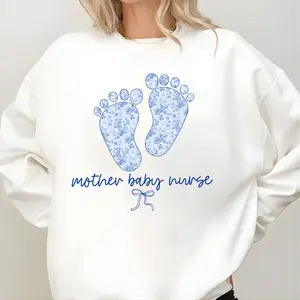 Mother Baby Nurse Sweatshirt, Blue Floral Baby Feet Hoodie, L&D Labor And Delivery Nurse Gift, Postpartum RN Crewneck, OB Nurse Apparel, Cute Hospital Work Outfit