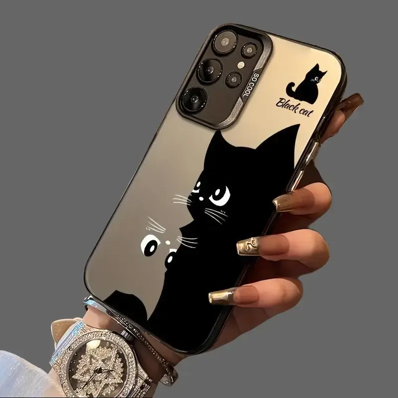 Glossy Hard PC Black Cat Mirror Print Phone Case - Shockproof, Anti-Scratch Protective Cover for iPhone 11-17 Air/Pro Max, sssung S24-S26 - Minimalist Aesthetic Cool Black Kitten Graphic Shell, Trendy Daily Accessory anti-fall fashionable