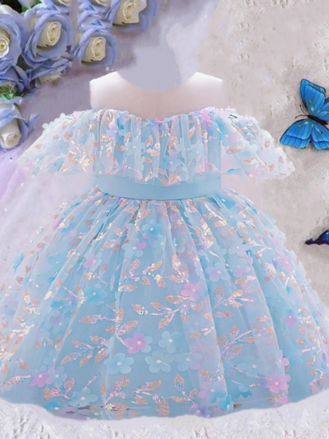 Girl's Floral Appliques Contrast Mesh Ruffle Trim Fit and Flare Dress, Cute Round Neck Dress for Party Holiday Wedding Guest, Kids Clothes for All Sea