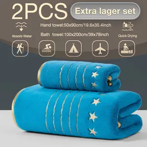 2pcs Giant Bath Towel Set, 100x200cm + 50x90cm Gold Trim Embroidered, Quick-Dry Microfiber, Soft & Absorbent, Ideal for Travel & Home Use