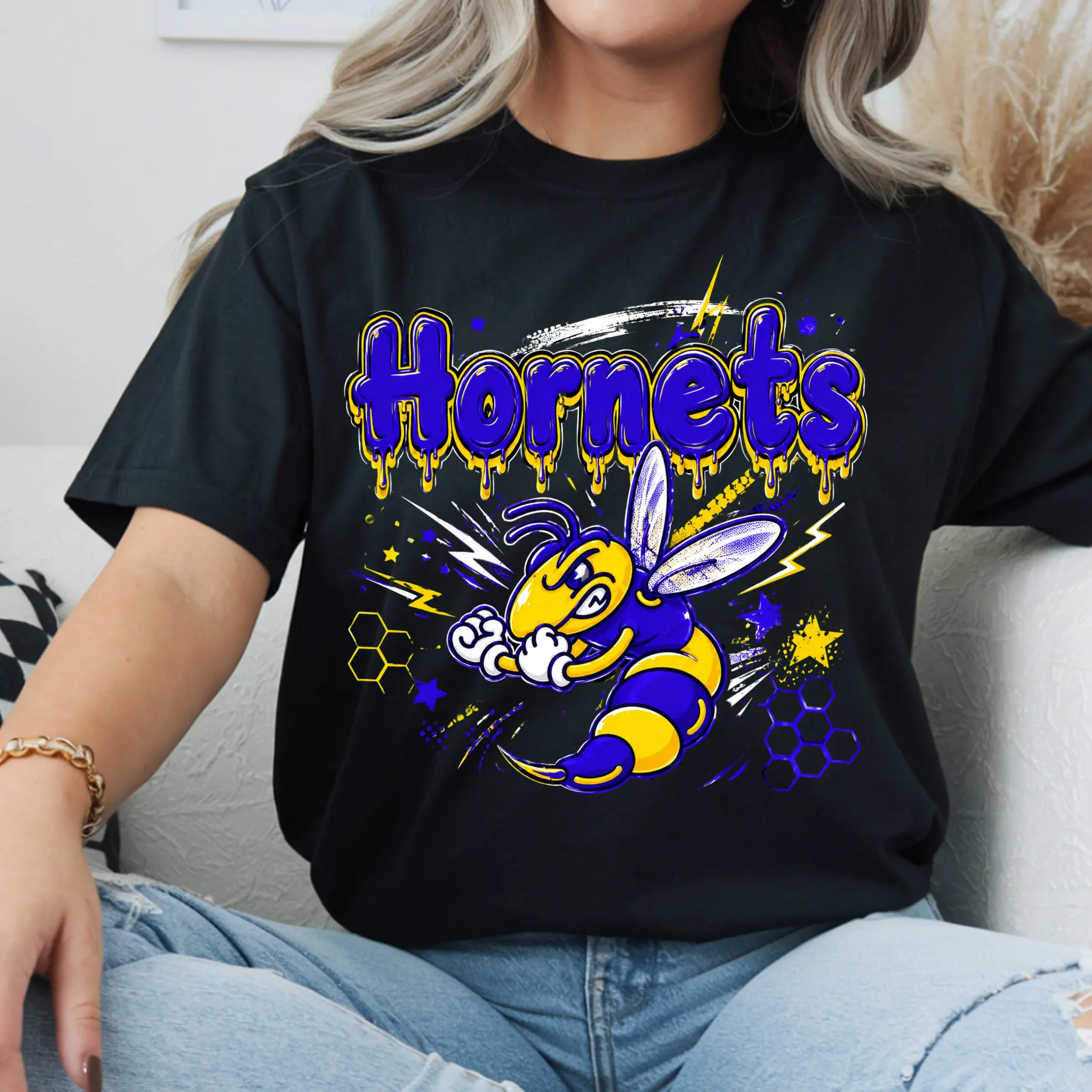 Hornets Brand Black & Royal Blue T-Shirt in YS YM YL YXL S M L XL Sizes for Fans