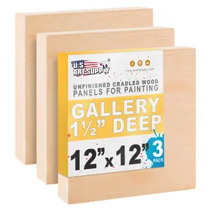 Unfinished Cradled Wood Panels for Painting, 3 Pack of 12x12 inch - Gallery Birch Wooden Canvas Boards 1-1/2" Deep - Mixed-Media Craft, Acrylic, Oil, Encaustic, Paint Pouring