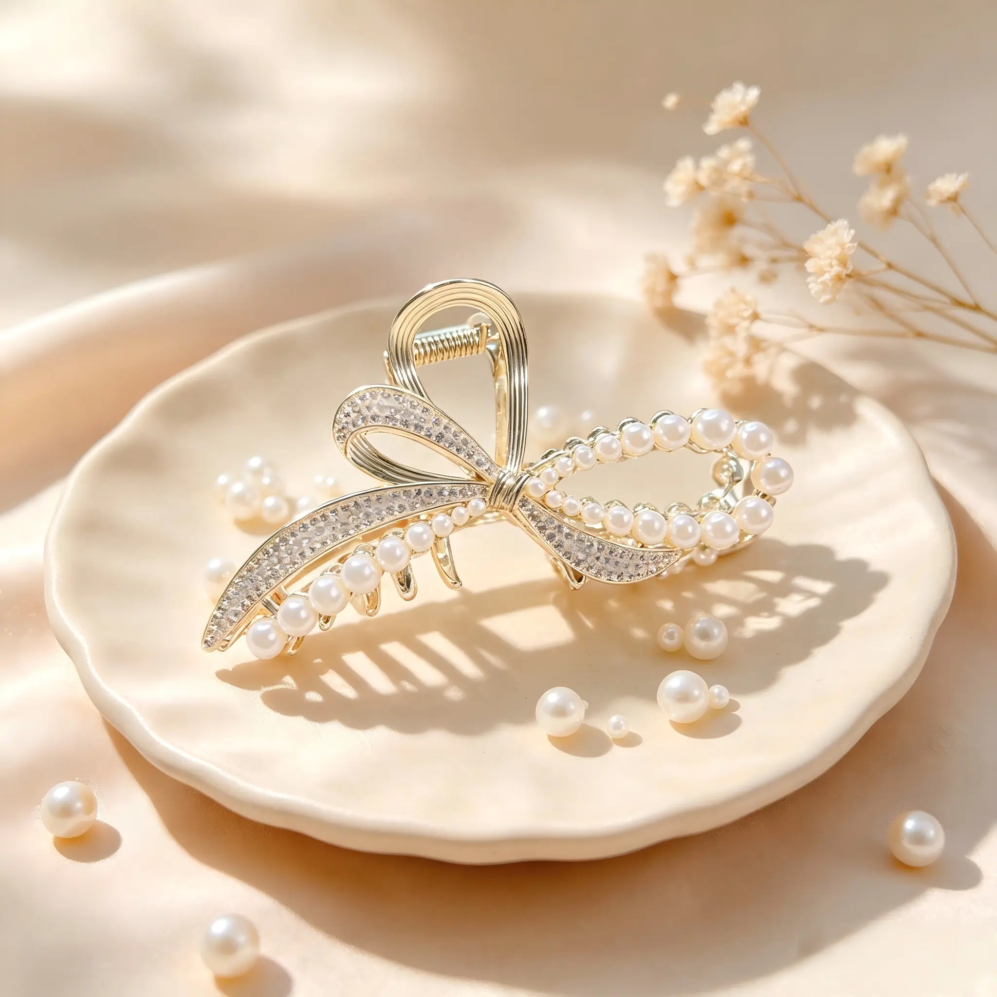 Rhinestone Bow Pearl Hair Claw Clip, Elegant Large Metal Jaw Barrettes for Women, Luxury Sparkly Crystal Bow Hair Catch for Thick Hair, Wedding Bridal Decorative Hair Accessories