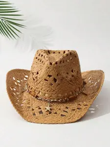 Women's Wide Brim Summer Sun Hat, Boho Style Foldable Straw Western Cowboy Hat for Beach Vacation, Fashion Accessories for Women & Girls, Adjustable Hat, Lightweight Sun Hat, Casual Hat, Stylish Hat