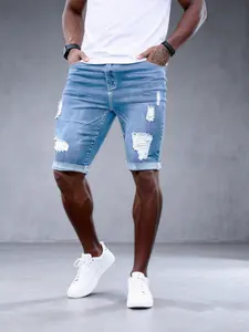 Men's Summer Washed Light Wash Ripped Slim Fit Knee-Length Rolled Hem Denim Shorts, Menswear, Trendy Fashion Streetwear Jeans, Pure Color Plain Casual Wear