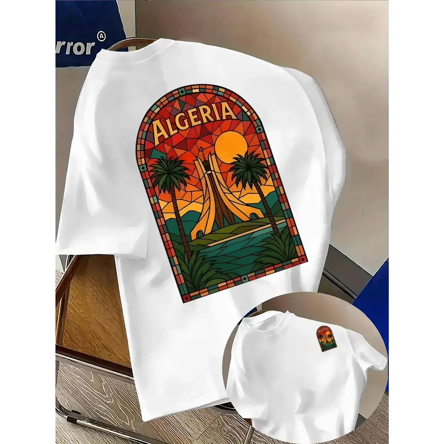 Algeria" Letter Pattern Men'S Casual T-Shirt - Stylish Double-Sided Print Graphic T-Shirt, Round Neck Comfortable cotton Fabric, Fashionable Streetwear Suitable for Daily Wear, Men'S Clothing