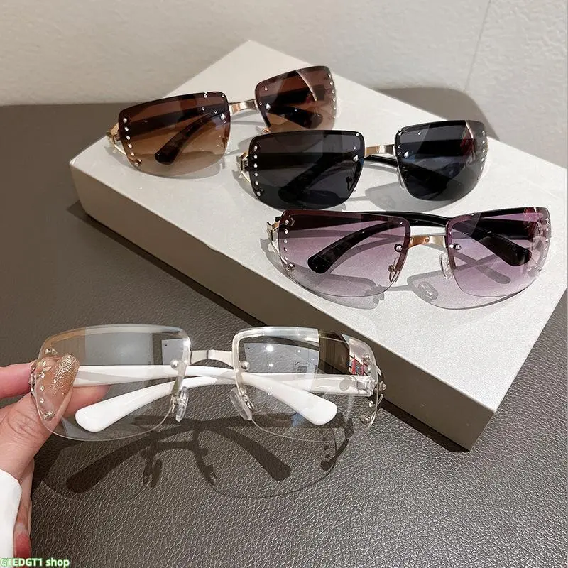 Rimless Rectangle Sunglasses, Trending Y2K Rhinestone Edge Shades, Half Frame Gradient Tinted Lens Eyewear, Slim Metal Temple UV Protection Sun Glasses for Women Club Beach Travel Street Daily Outfit