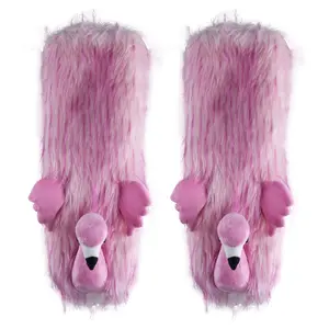 Women's Plush Novelty Flamingo Non Slip Slipper Socks, Funny Fuzzy Soft Sherpa Socks, Size 5-10
