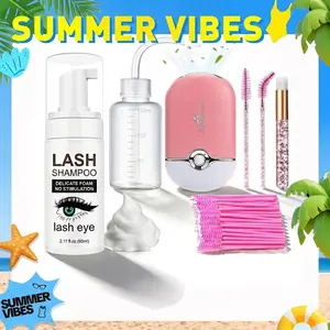 【SUMMER VIBES】2.11oz Lash Shampoo Kit for Eyelash Extensions & Gentle Mousse Cleanser & Mini Pink Handheld Fan - Easy for Beginners & Makeup Care