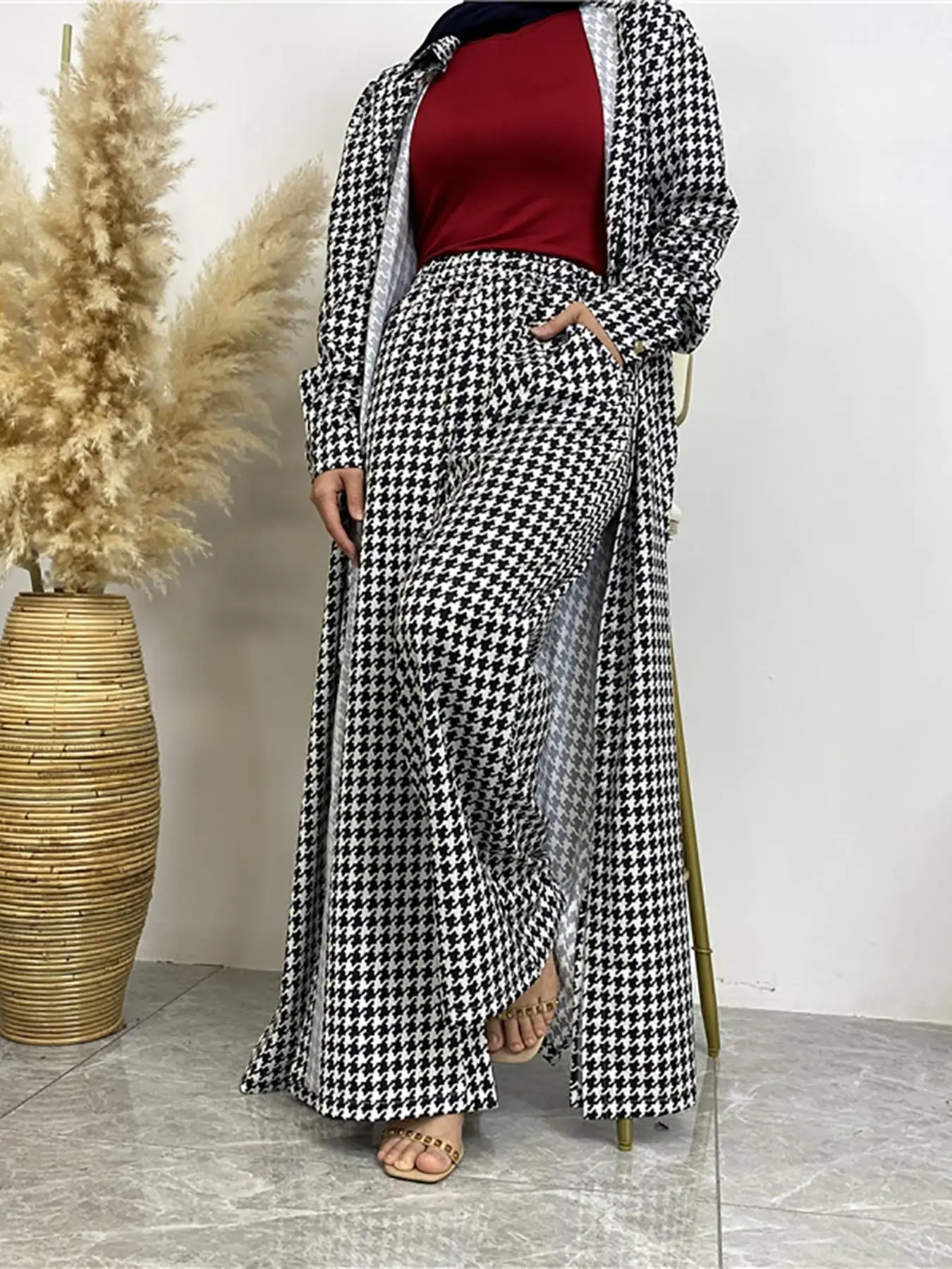 Women's Houndstooth Print Open Front Abaya & Wide Leg Pants Two-piece Set, Casual Long Sleeve Outerwear & Palazzo Pants for Daily Wear, Ladies Two-pi