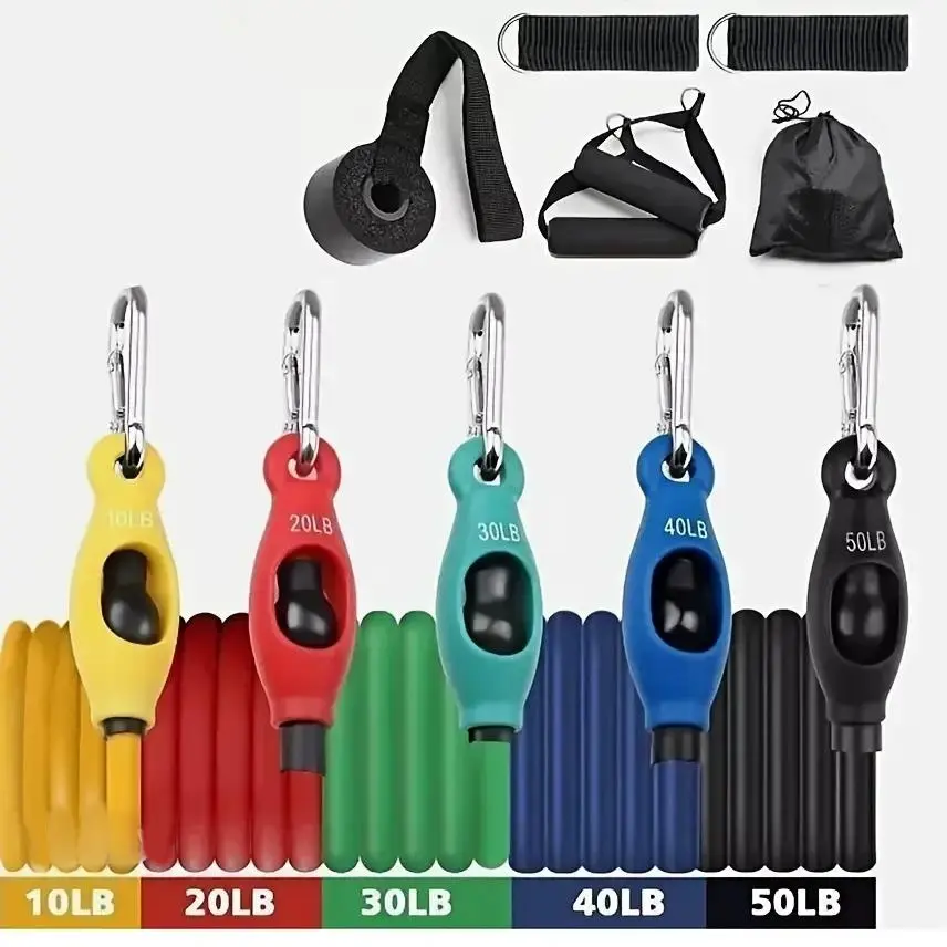 Resistance Bands Set - 5 Black Heavy Duty Resistance Bands with Door Anchor & Ankle Straps for Home, Office, and Outdoor Workouts - Complete Full Body Strength Training Solution for Upper Body, Core & Legs