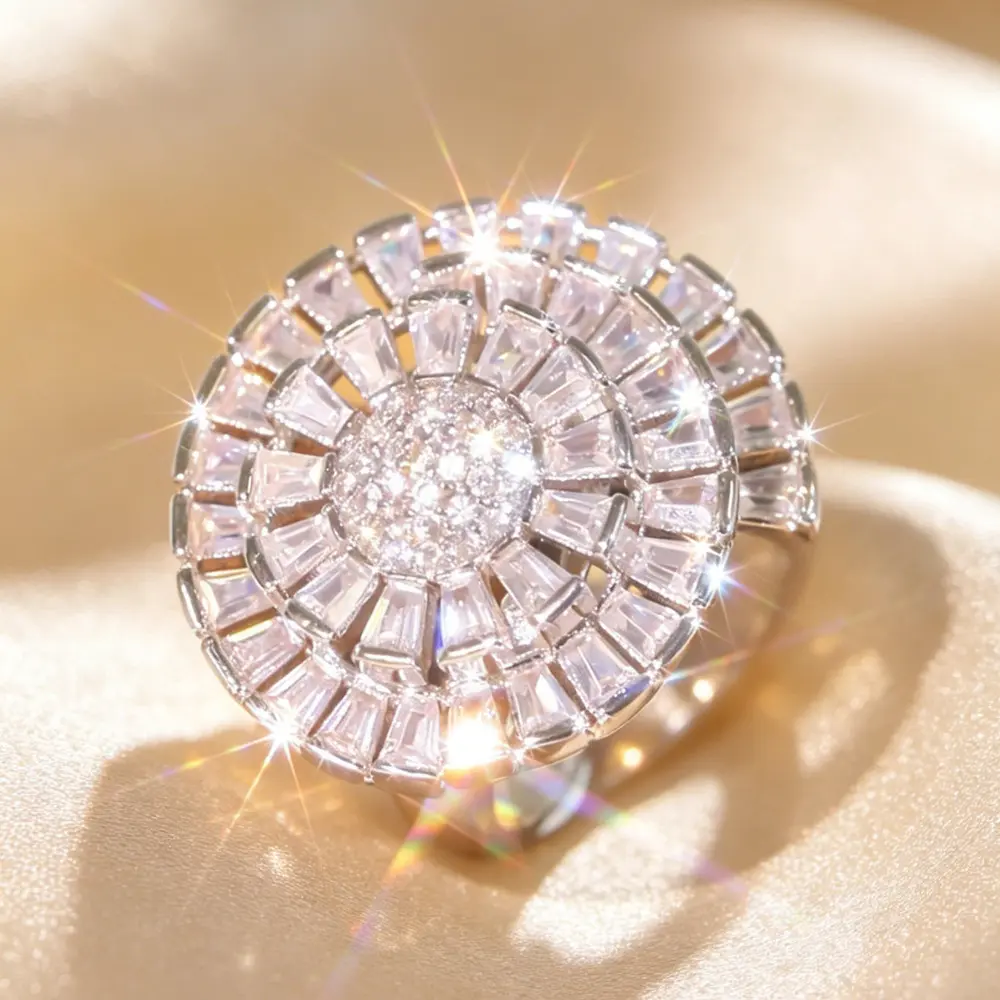 Sparkling Big Sunburst Double Halo Ring Full Baguette Luxury Cocktail Statement Ring Holiday Party Gift For Her  Statement Ring Vintage Royal Cocktail Party Wedding Bridal Jewelry Gift For Women Wife Girlfriend Birthday Anniversary Valentine Christmas