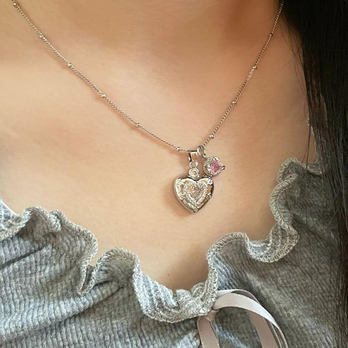 Cute Puffy Heart Sparkle Pendant Necklace, Dainty Pink Charm Detail, Elegant Feminine Statement Jewelry, Stackable Everyday Accessory, Perfect Gift for Fashion Lovers