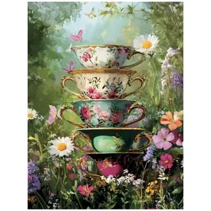 Tea Party, Cup Set, Floral Teacups Stacked In A Tower, Nestled Amongst A Vibrant Meadow With Butterflies And Daisies, Capturing A Spring Afternoon, Diamond Painting Kit Full Drill Square Drill Home Wall Decor Unique Gift