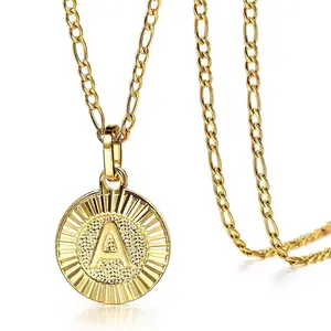 Womens Round Pendant Necklace Stainless Steel Necklace Figaro Link Chain Letter Necklace for Women Men