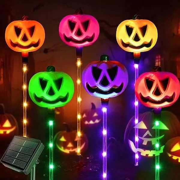 6 Pack Solar Halloween Pumpkin Stake Lights, Multi‑Color Jack‑O‑Lantern Pathway Lights, Waterproof Outdoor Yard Lawn Halloween Decor