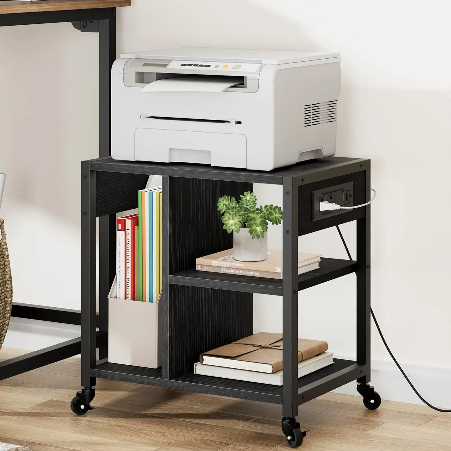 Under Desk Printer Stand with Charging Station, Industrial Printer Table with 3 Storage Shelves, Mobile Heavy Duty Printer Cart with Lockable Wheels for Paper Storage, Home Office,Black