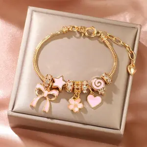 [Vintage Charm Bracelet] 1pc Vintage & Sexy Adjustable Golden-Tone Charm Bracelet - Zinc Alloy, with Pink Bow, Heart & Star Charms, Perfect for Daily Wear or Gifting, Valentine's Day Special, Cute Bracelets