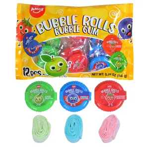Amos Bubble Gum Tape Rolls 5.08oz - 12 Individually Wrapped Packets of Strawberry, Blueberry, and Apple Flavors Chewing Gum