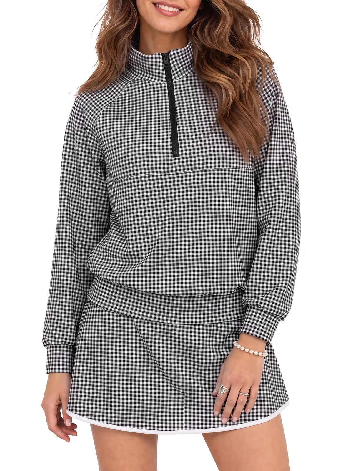 Fisoew Womens 2 Piece Outfits Gingham Half Zip Sweatshirts Mini Skorts Set Stand Collar, Quarter Zip, Long Sleeve, Loose Fit, Plaid, Mini Skirts, A Line, Built-in Shorts, Tennis, Golf, Casual, Workout