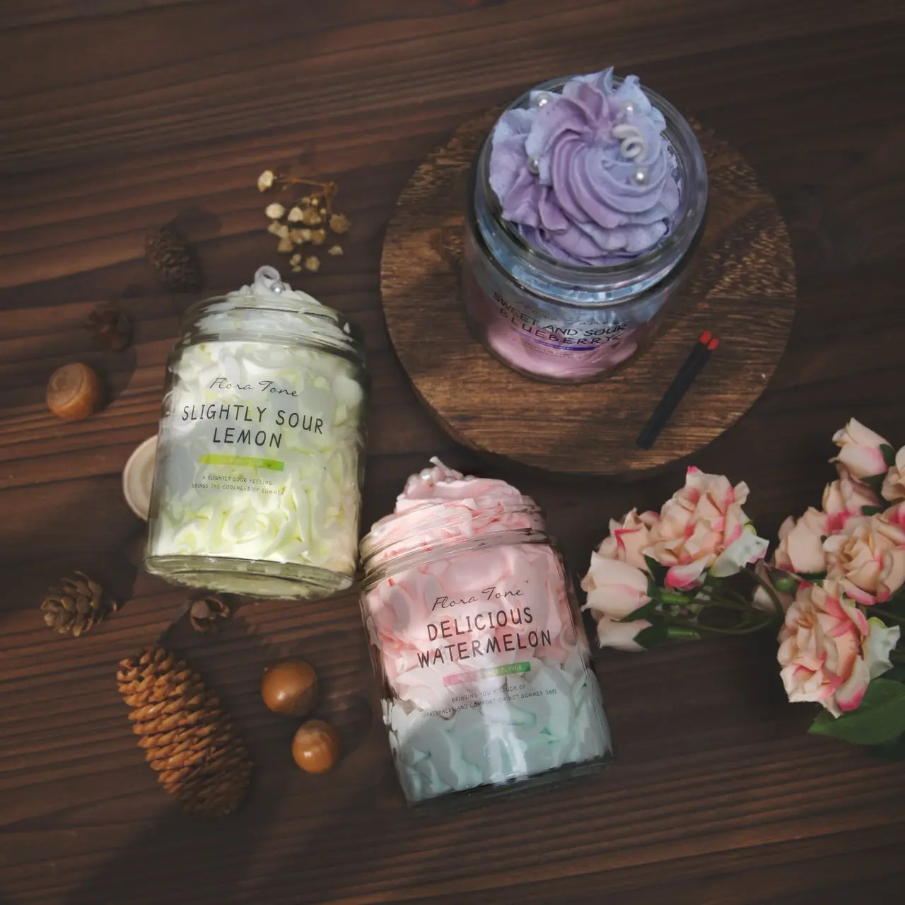 Whipped Cream Dessert Candle Watermelon Blueberry or Lemon Soy Wax Dreamy Jar Candle with Pearl Sprinkles for Summer Patio Poolside Vibes