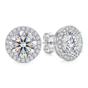 Round Halo Stud Earrings,Solid Metal with Cubic Zirconia, Silver Plated Classic Solitaire Earrings for Men Women