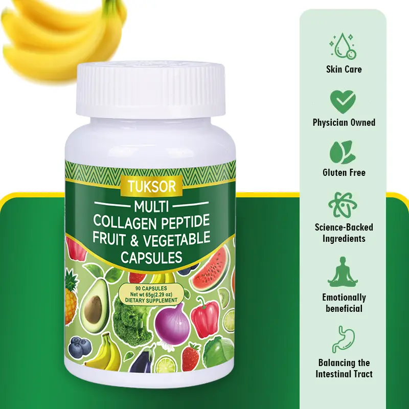 TUKSOR Multi Collagen Peptide Fruit & Vegetable Capsules - Natural Organic Dietary Supplement for Adults, Antioxidant Support, Gut Health, Anti-Aging Skin Elasticity, Immune Boosting Protein Fiber