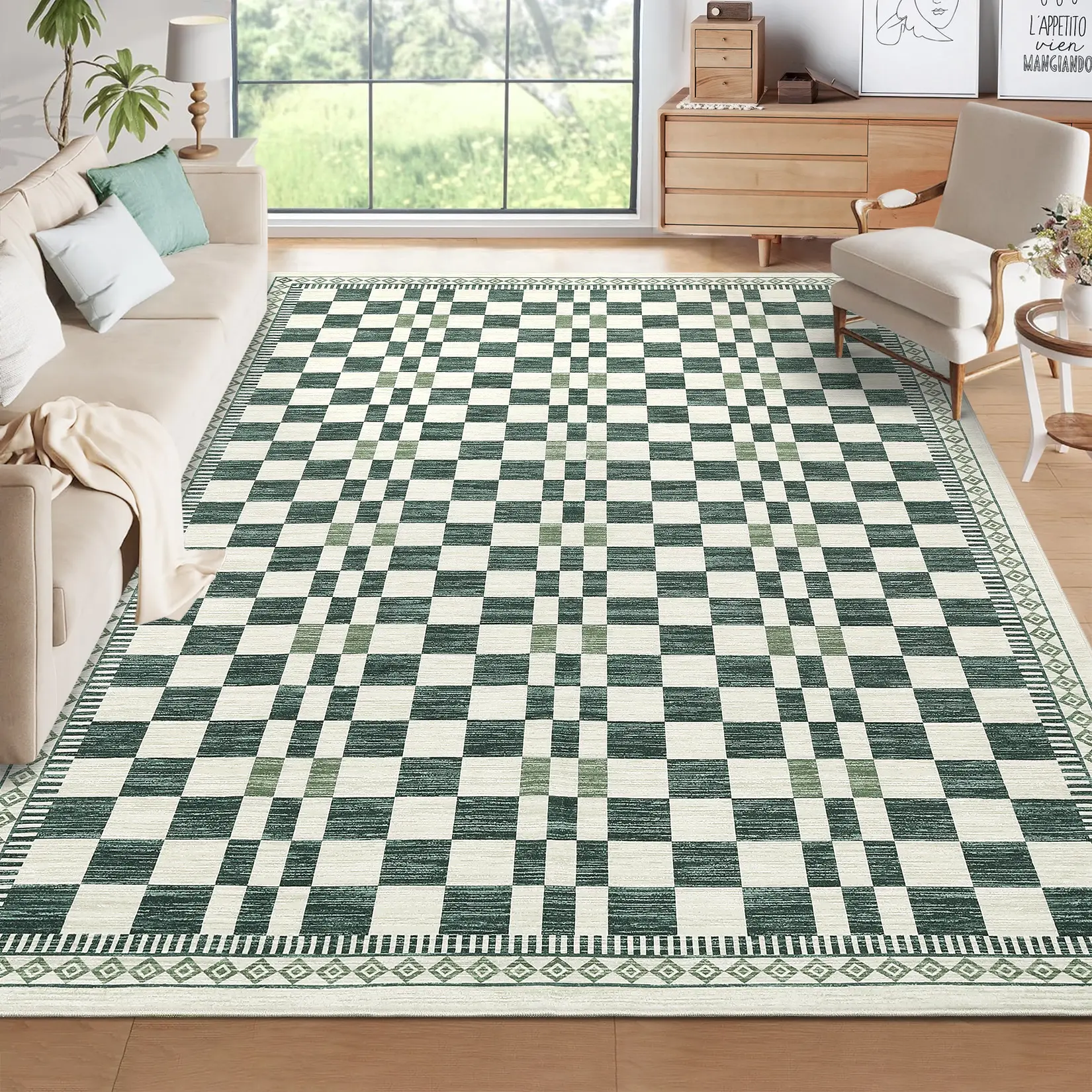 Imitation Cashmere Geometric Print Rug Modern Checkerboard Pattern Rug Low-pile Non-slip Washable Rug for Bedrooms Dining Rooms Playrooms Living Rooms Offices and Entryways