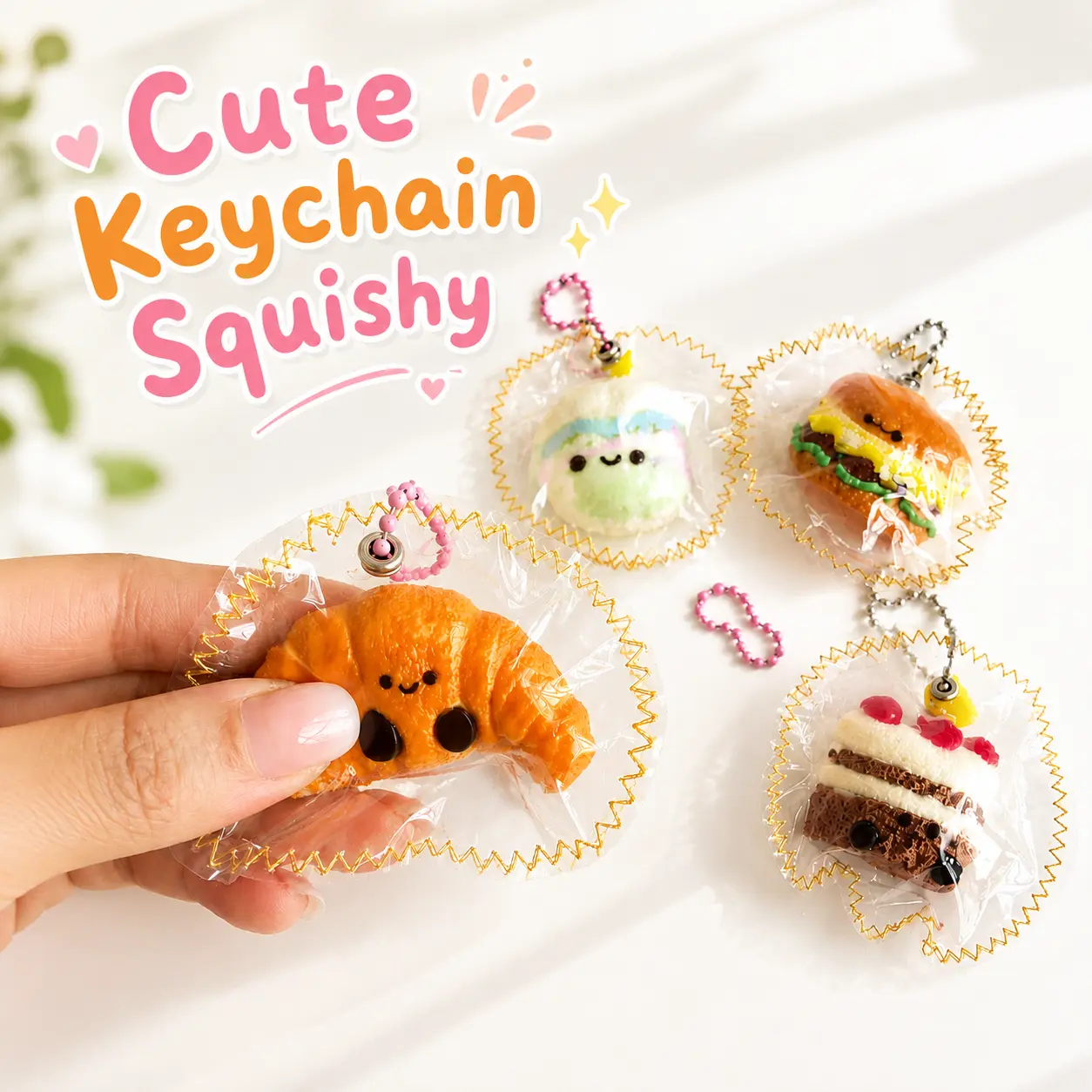 Viral 5 Pack Squishy Keychain - Croissant, Cake, Burger & More Slow Rising Fidget Toy, Cute Bag Charm, Stress Relief Gift for Kids & Teens, Perfect for Back to School