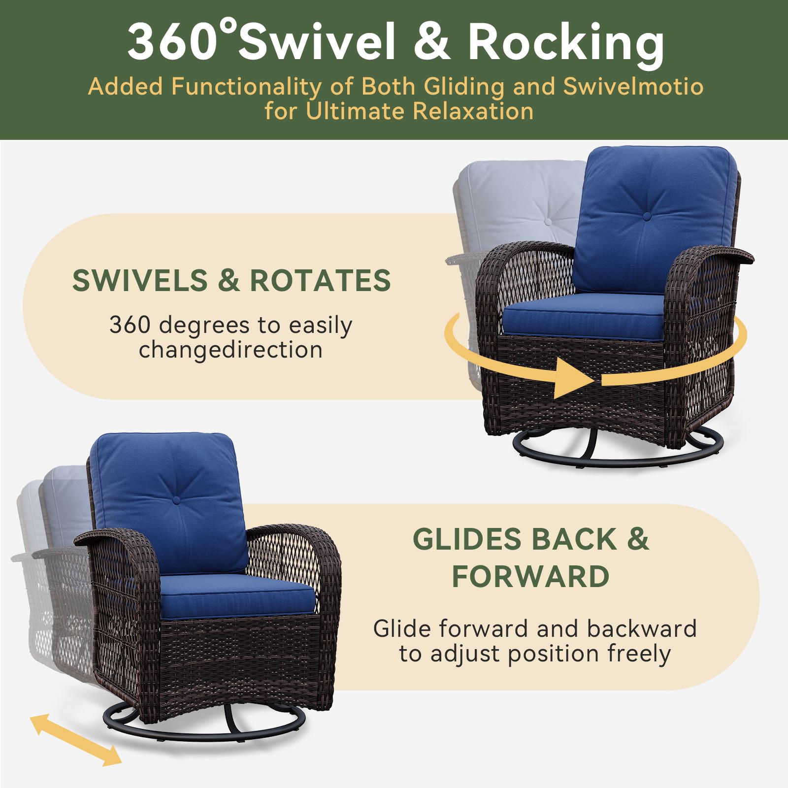 oneinmil 3-Piece Patio Furniture Set - 2 Swivel Rocker Chairs & Wicker Bistro Table with Thick Cushions for Porch - FSC Acacia Rattan Outdoor Set