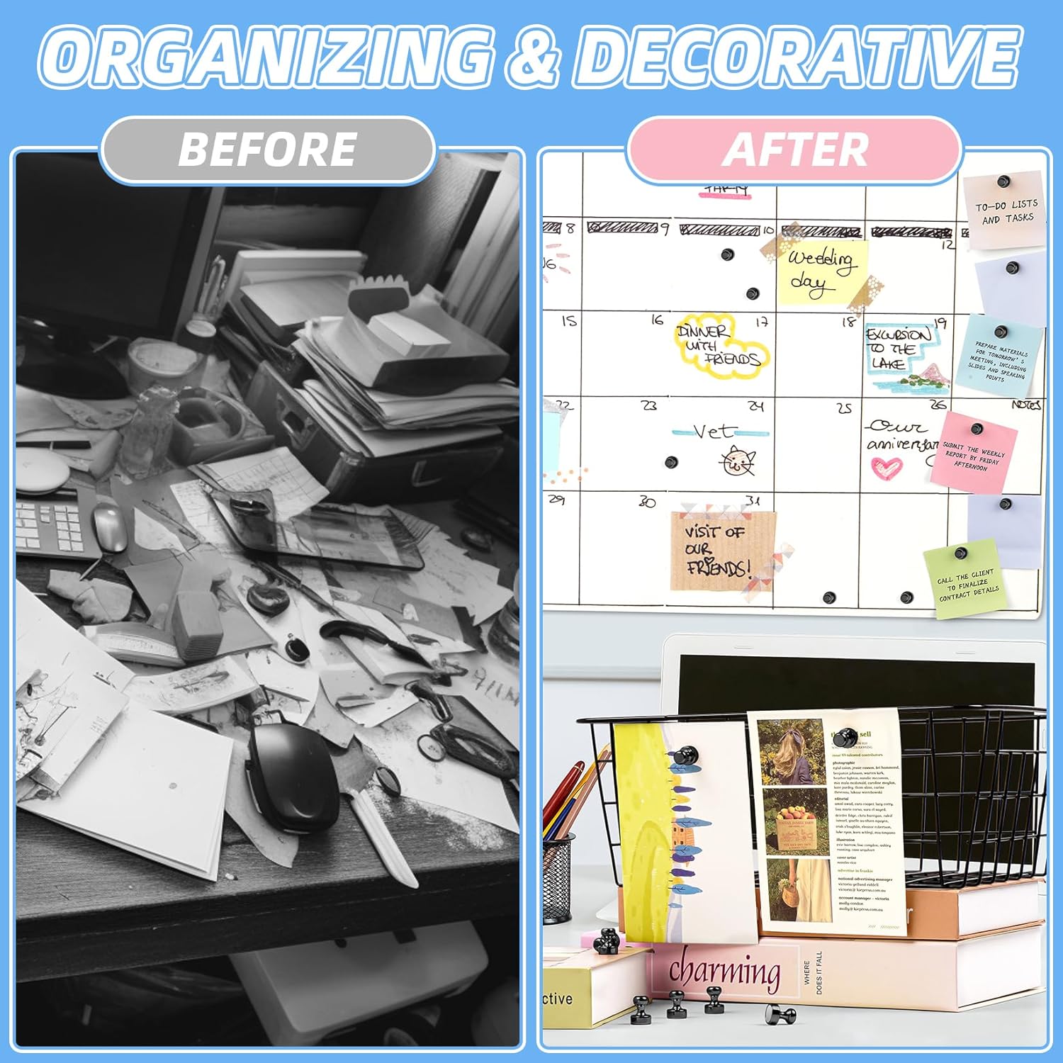 Durable Strong Magnetic Push Pins Brushed Nickel Thumbtack Magnets for Refrigerator Whiteboard Locker School Classroom Home Office Bulletin Board Organizing Tool