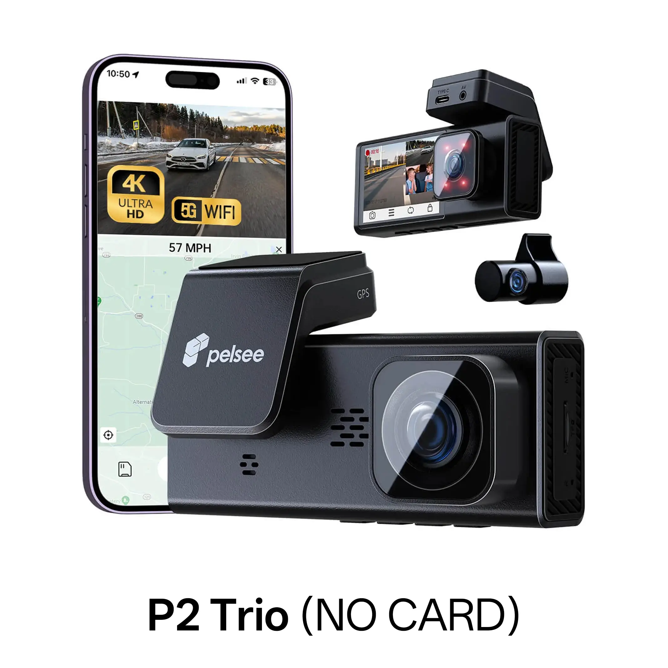 Pelsee P2 Trio 3-Channel 4K Dual Dash Cam - 4K+1080P+1080P Front-Inside-Rear, IR Night Vision, Built-in Wi-Fi, Voice Control, GPS, 24H Parking Mode, 9*6.5*3in Auto Gadget with Memory Card, GPS Dashboard Camera, Dashcam Vehicle
