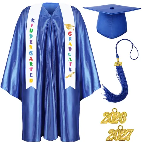 Kindergarten Graduation Cap and Gown Set for Class of 2026 Photoshoot, Satin Blink Gown, 2026 & 2027 Charms & Sash, Satin Kindergarten Graduation Outfit for Son Daughter Nephew Pre-K Preschool Kindergarten 1st Grade Grad Gift Memories Keepsakes, Boys