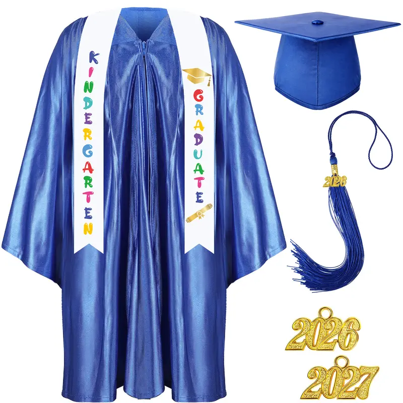 Kindergarten Graduation Cap and Gown Set for Class of 2026 Photoshoot, Satin Blink Gown, 2026 & 2027 Charms & Sash, Satin Kindergarten Graduation Outfit for Son Daughter Nephew Pre-K Preschool Kindergarten 1st Grade Grad Gift Memories Keepsakes, Boys
