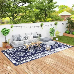 9' x 18' Reversible Outdoor Rug – Blue & White Rhombus Patchwork Pattern. Double-Sided – 2 Color Schemes. Waterproof Plastic Straw. Includes Carry Bag. Perfect for RV, Camping or Patio
