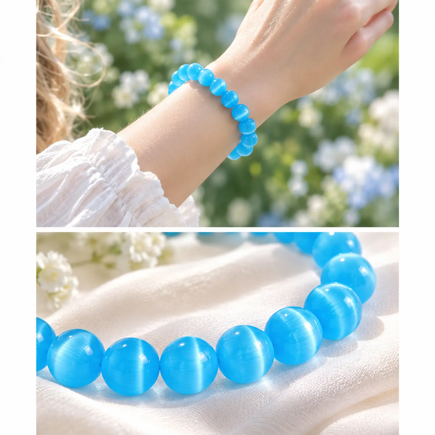 LUMAWU White Cat's Eye Bracelet - Radiant Energy & Focus (8mm Beads) friendship bracelets girly  good luck Bracelets sohochic