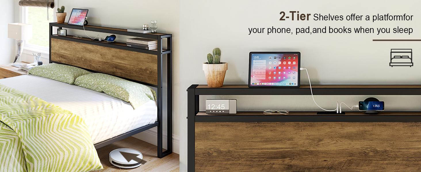 AMERLIFE Industrial Full /Queen/King Size Bed Frame,  Rustic Metal Bed Frame with 2-Tier Storage Headboard and Charging Station, No Box Spring Needed/No Mattress/Small Unique Home Furniture Room/Best Gift Ideas/Christmas Gifts