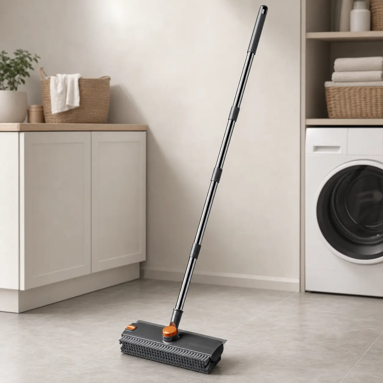 Stainless Steel Sturdy 3-in-1 Heavy Duty Cleaning Brush for Adults - Polypropylene Stiff Bristles, Long Handle, Squeegee, Hair Removal Clip, 360-Degree Rotating Head, Adjustable Deep Clean Scrubber for Bathroom, Kitchen, Patio