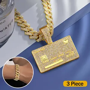 Miami Rapper Style Hip Hop Pendant Necklace with Cuban Bracelet Set - Unisex Jewelry Gifts, Cuban Chain Cubanchain Crystal Earrings Set
