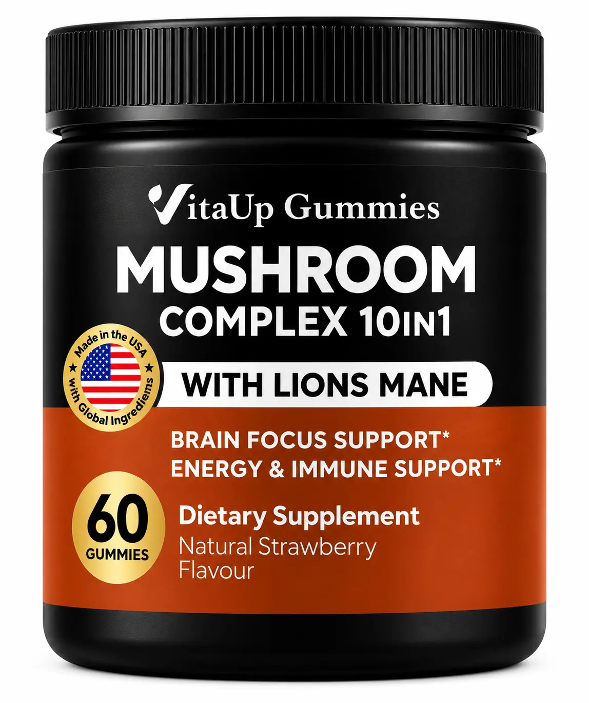 VitaUp Gluten-Free Chewable Mushroom Gummies - USA-Made 10-in-1 2500mg Mushroom Complex Antioxidant Dietary Supplement for Brain Health, 60 Count