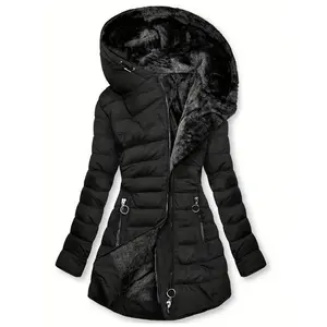 Women's Zippered Hooded Long Sleeve Pocket Faux Fur Lined Down Jacket for Winter Casual Wear Black