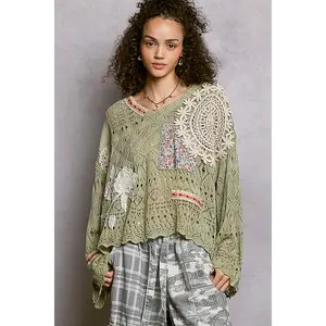 Pol Clothing Matcha VNeck Crochet Sweater