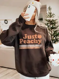 Women's Just Peachy Letter & Peach Print Crew Neck Sweatshirt Casual Long Sleeve Pullover for Fall & Winter Loose Fit Polyester Blend