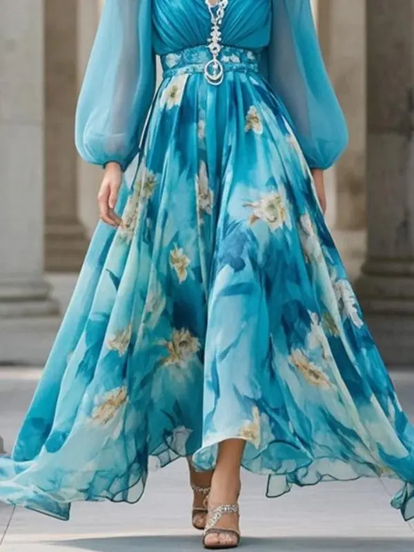Lightweight tie-dye floral print chiffon evening dress, long sleeves, flared silhouette, elegant women’s dress for autumn