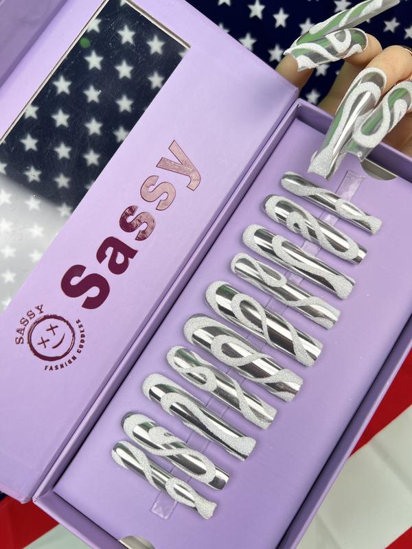 SASSY NAILSHOP longsquare 10 PCS (Length:2.2 inches) hand pressed on nails Nightclub nails for girlfriend  gift Acrylic Nail Art Nails New Collection, French New Pink White Glitter Bright Kiss Nails Acrylic Kit, Beauty Secrets Nail