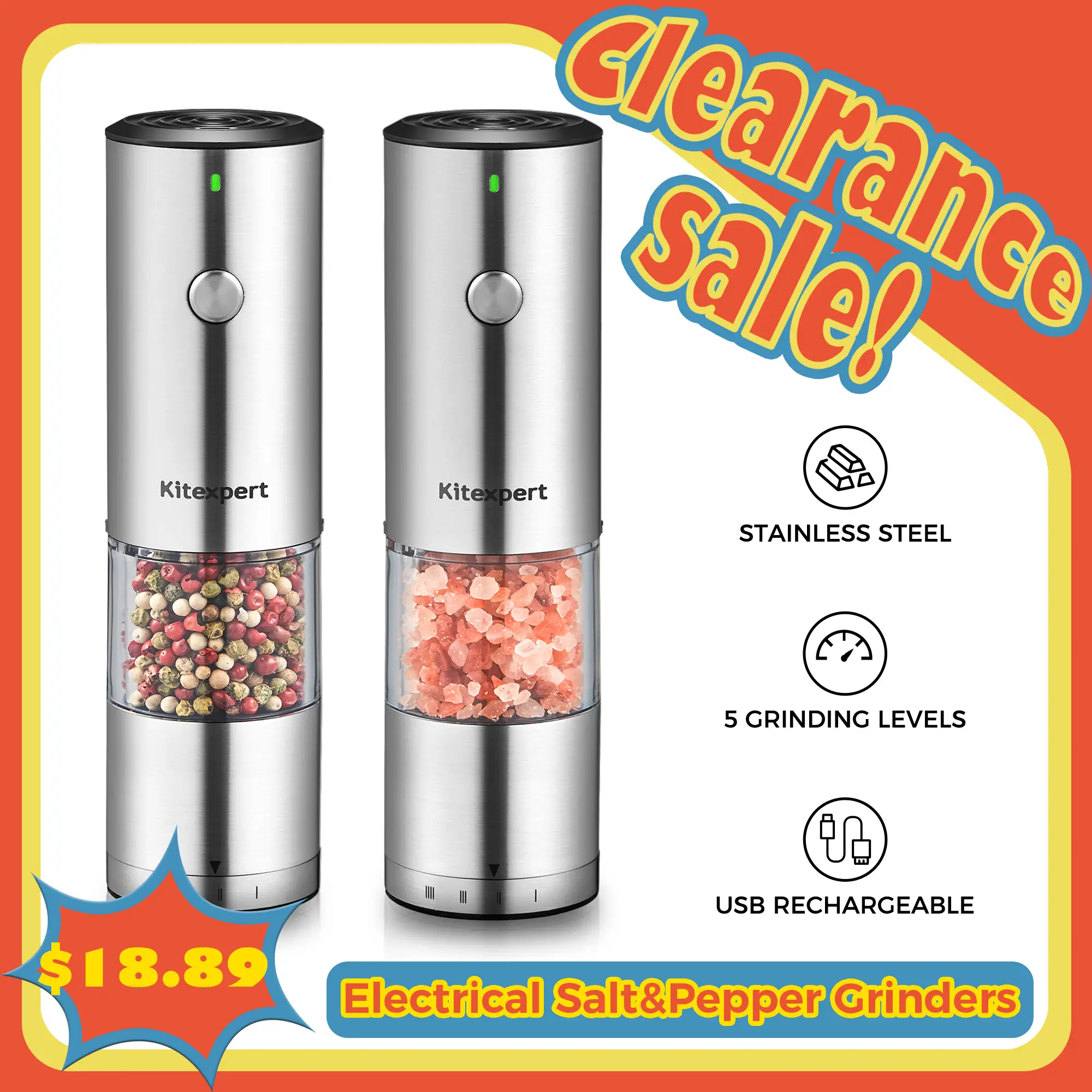 Kitexpert Viral USB Rechargeable Salt Pepper Shaker Set, 304 Stainless Steel, Electric Salt &Pepper Grinder with LED Light, Kitchen Gadgets, Christmas