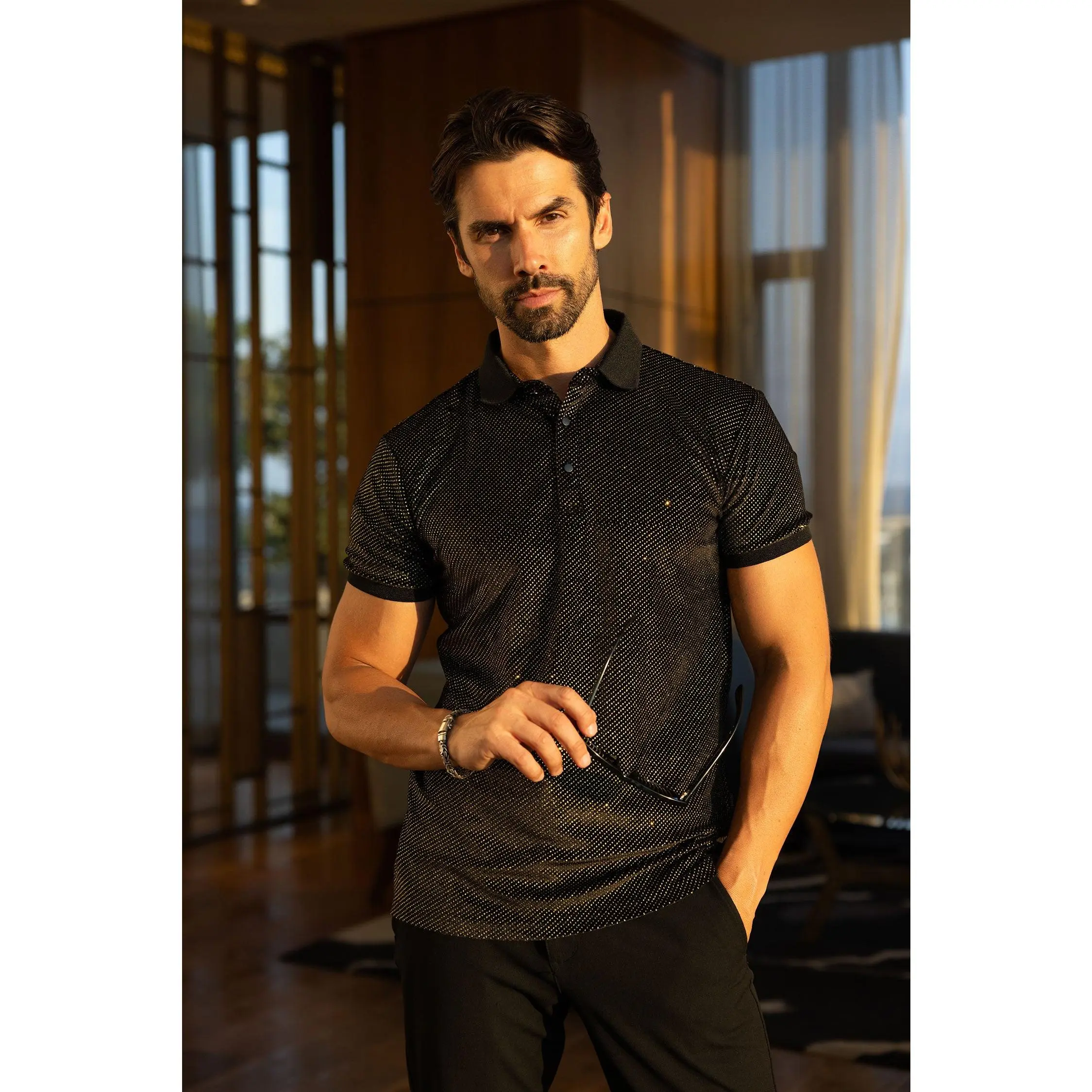 Nuvora Men's Slim-Fit Cut Knit Polo Shirt - Cotton-Spandex Fabric, Short Sleeve, Striped Print, Collar, Breathable, Moisture-Wick Smart Casual Menswear Top