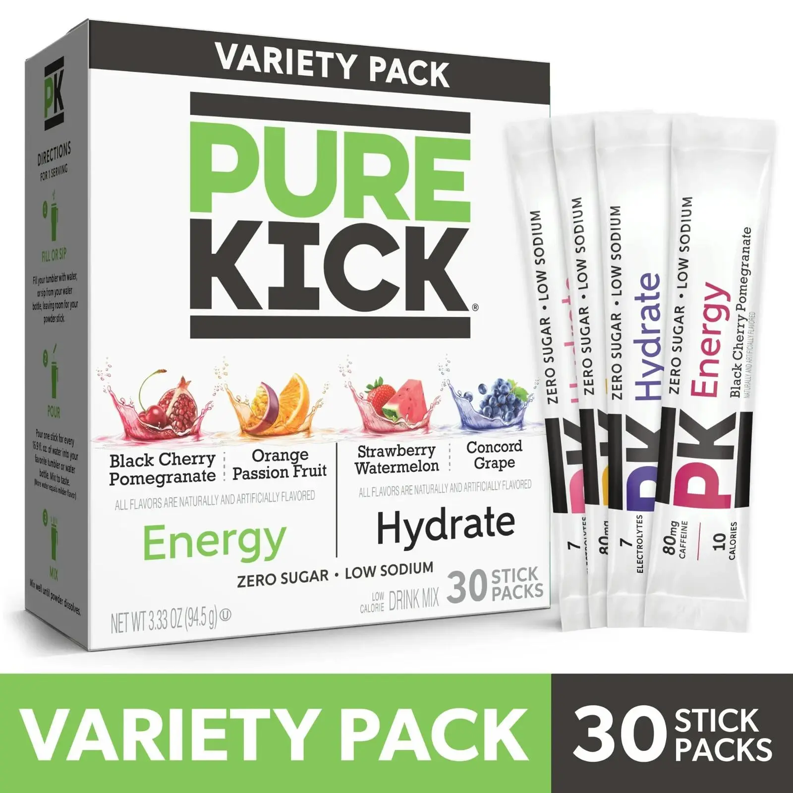 Pure Kick Energy & Hydration Powder Drink Mix Variety Pack, 30 Count Packets, Sports Drink
