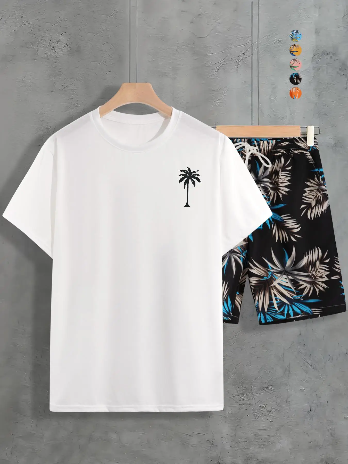 Two-piece Set Men's Coconut Tree Print Drawstring, Regular Fit Short Sleeve Tee & Beach Shorts for Summer Beach, Men's Summer Clothes, Back To School