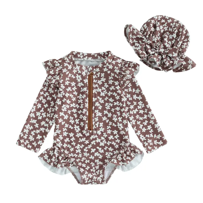 Meihuida Little Baby Girls Swimsuit  Rash Guard Long Sleeve Zipper Ruffle Bathing Suit Toddler Summer Clothes